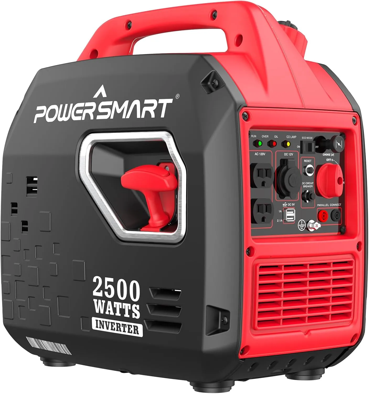 Generador inverter PowerSmart de 2500 watts, color rojo y negro, con asa de transporte